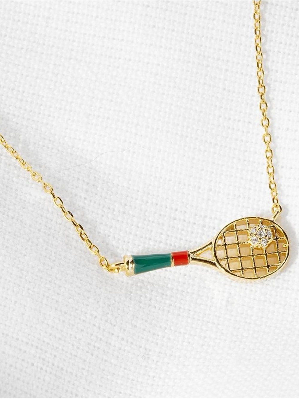 Gold Tennis Racket Necklace with Green and Red Accent - Finding Your Rhythm - Picture 4 of 8